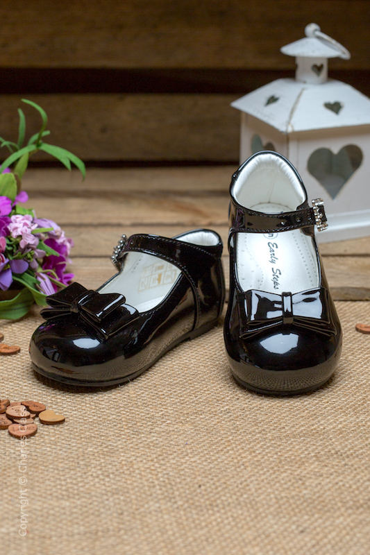 Girls Black Double Bow Patent Leather Shoes